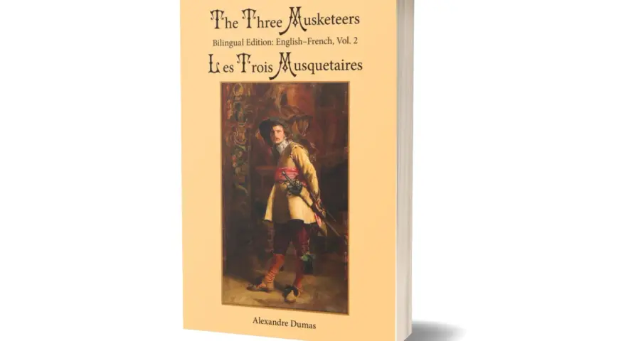 Buchcover von "Die drei Musketiere" mit einem Gemälde eines Musketiers.