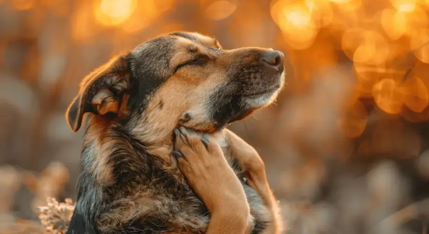 Un chien se gratte le cou, le soleil couchant illumine son pelage. Il a peut-être besoin d'un dermatologue chien.