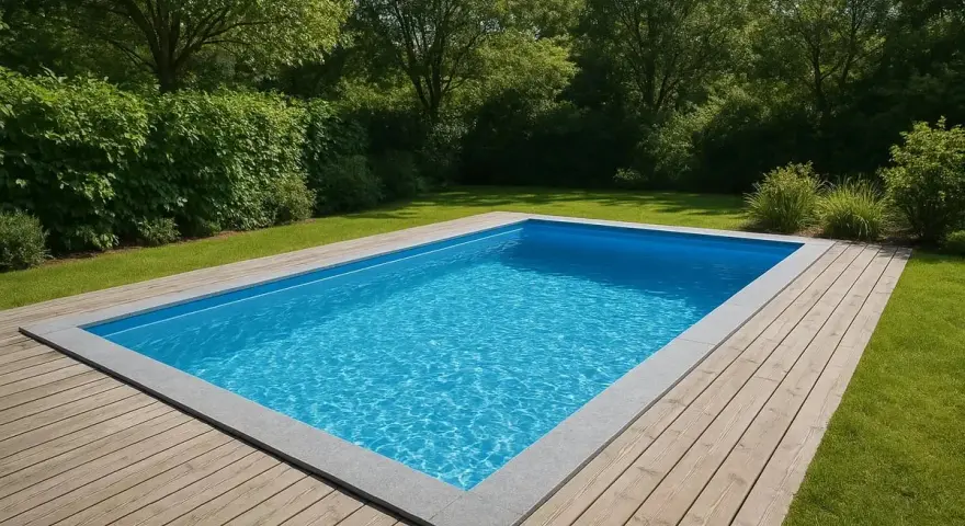 En inbjudande pool med klart blått vatten, omgiven av en träaltan och grönskande träd. Cellplast under poolen ger stabilitet och isolering.