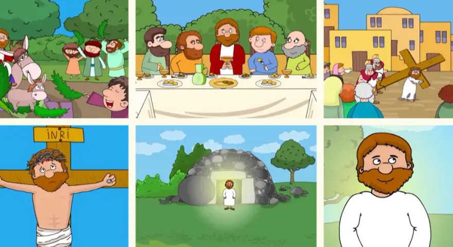 Bilder zeigen den Einzug in Jerusalem, das letzte Abendmahl, die Kreuzigung und die **Wiederauferstehung Jesu** aus dem Grab.
