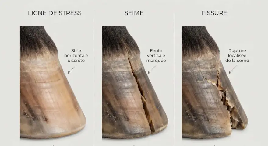 Comparaison des défauts de la paroi de sabot : ligne de stress (horizontale), seime (verticale) et fissure (rupture).