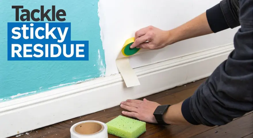 Learn how to get adhesive off wall with this guide. A hand uses a sponge to remove tape residue from a painted wall.