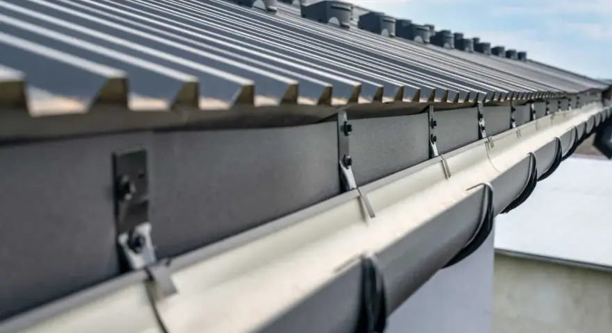 Gouttière de maison en aluminium, système de drainage pour évacuer l'eau de pluie du toit.