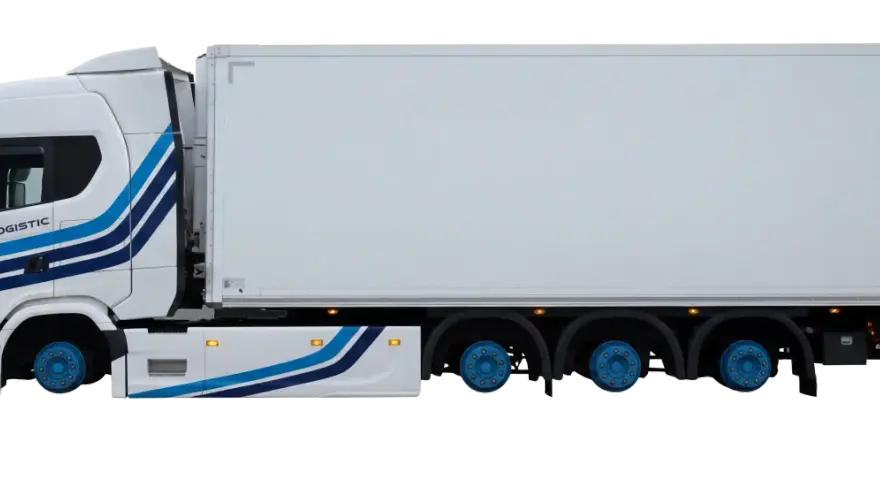 Biała ciężarówka z niebieskimi pasami i logo "TH LOGISTIC" gotowa do transportu.