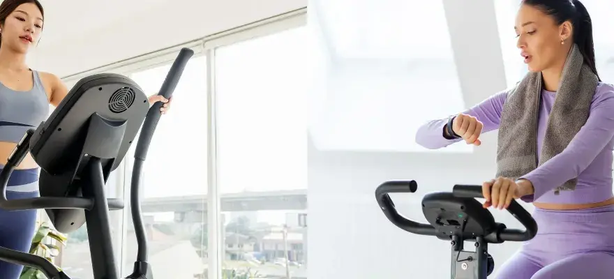A woman uses a cross trainer while another checks her watch on an exercise bike, showcasing two popular cardio options.