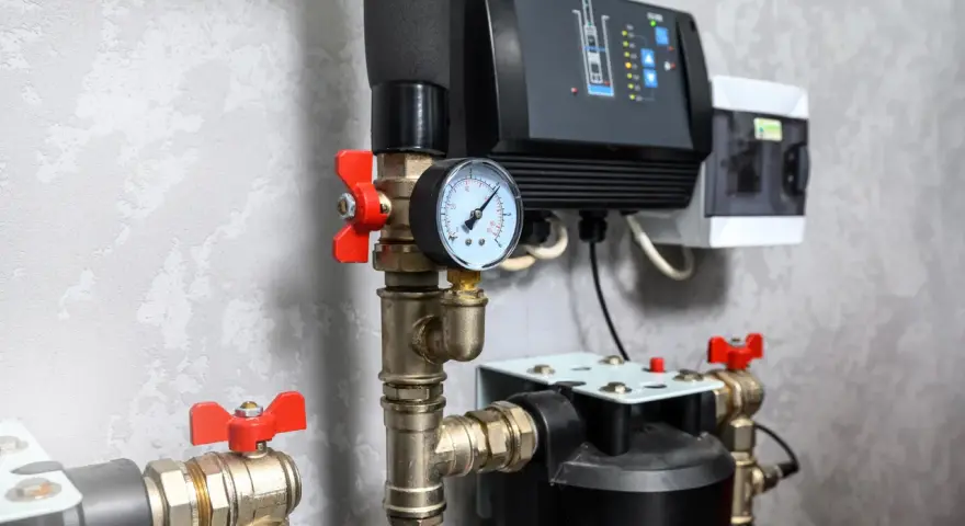 Instalacja hydrauliczna z zaworami, manometrem i sterownikiem.