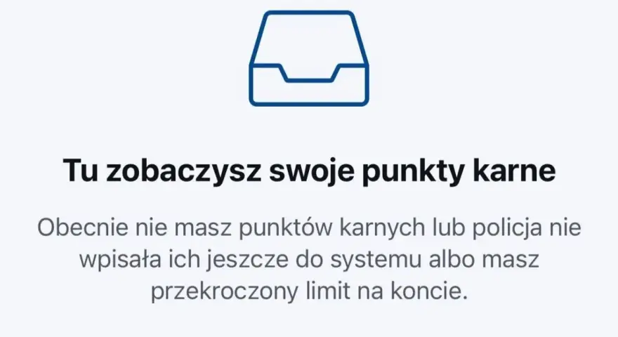 Ikona szuflady z tekstem: "Tu zobaczysz swoje punkty karne". Obecnie brak punktów lub przekroczenie prędkości o 50 km/h.