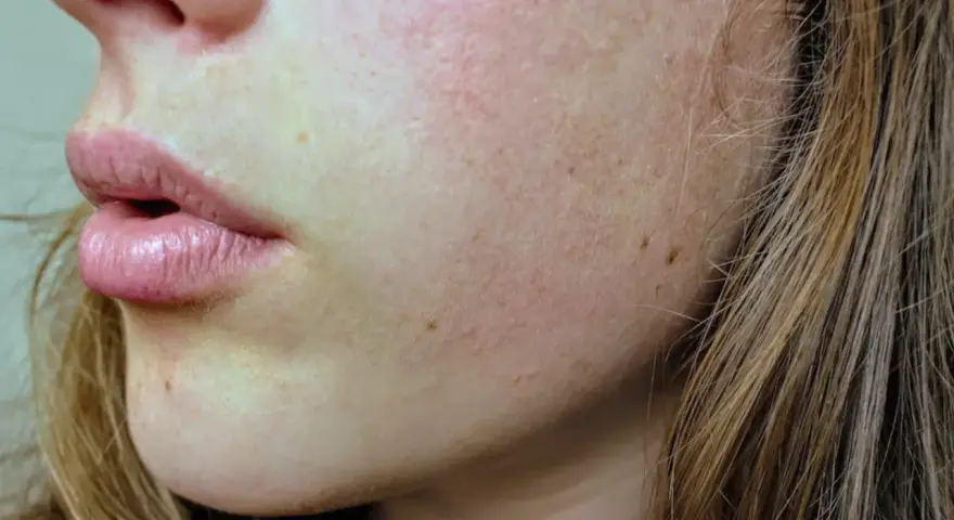 Primer plano de la piel de una mujer con poros obstruidos, pecas y labios rosados.