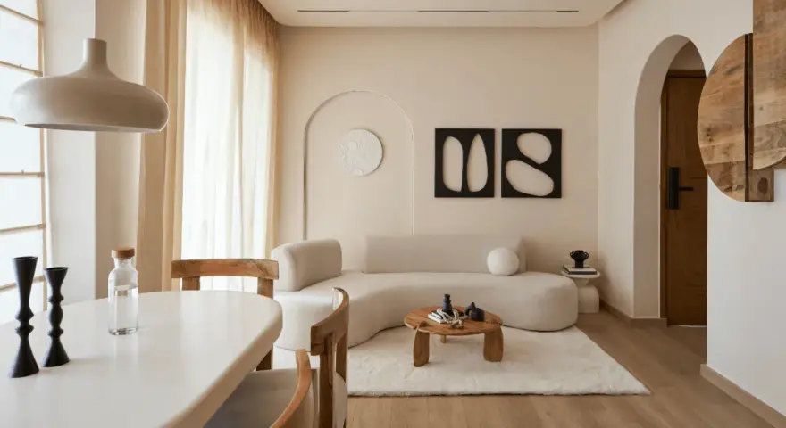 Un soggiorno in stile wabi sabi con divano curvo, tavolino in legno grezzo, tappeto soffice e decorazioni minimaliste.