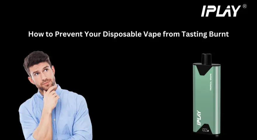 Hombre pensativo junto a un vapeador IPLAY Tropical Grape. Aprende a quitar sabor a quemado y disfrutar de tu experiencia.