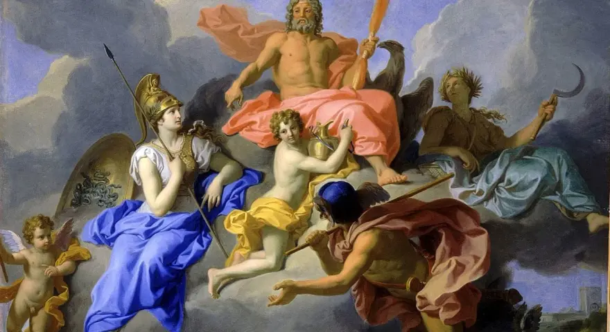 Gudarnas samling på moln, där vem är Zeus, himlens kung, sitter majestätiskt med sin örn och blixt.