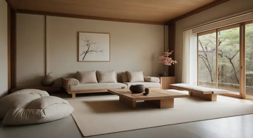Salón minimalista con muebles de madera de estilo asiático, cojines grandes y una vista al jardín.