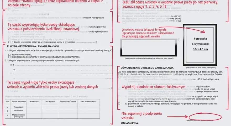 Formularz wniosku o wydanie prawa jazdy z miejscem na zdjęcie 3,5x4,5 cm.