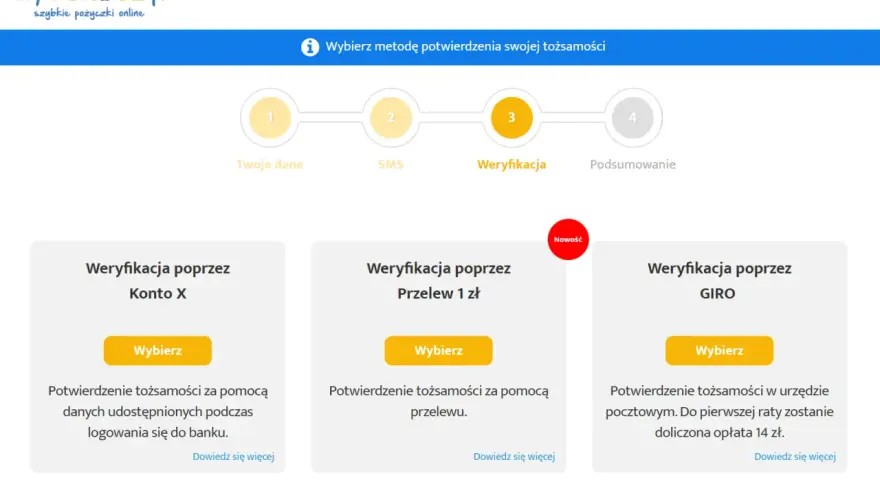 SuperGrosz.pl: wybierz metodę weryfikacji tożsamości, np. przelew 1 zł. Ułatwia to supergrosz wcześniejsza spłata.