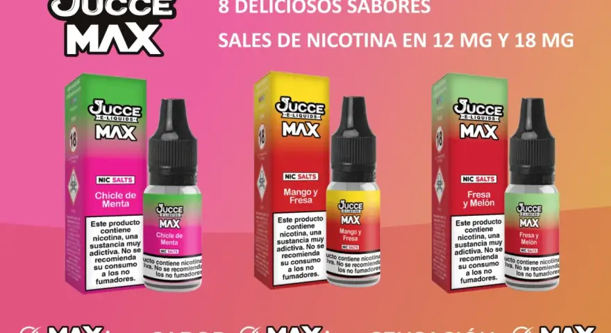 Tres botellas de e-juice Juccé Max con sabores Chicle de Menta, Mango y Fresa, y Fresa y Melón.