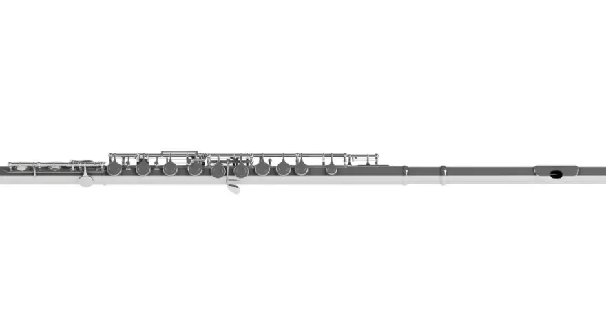 Srebrna flet poprzeczny, jeden z instrumentów muzycznych, z widocznymi klapami i otworami.