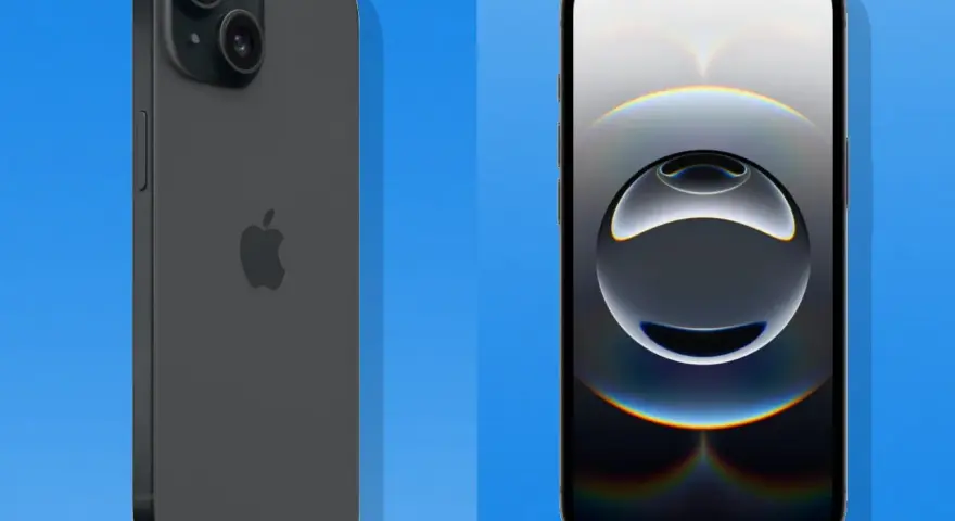 Zwei iPhones, eines von hinten mit Kameras, das andere von vorne mit Wallpaper.