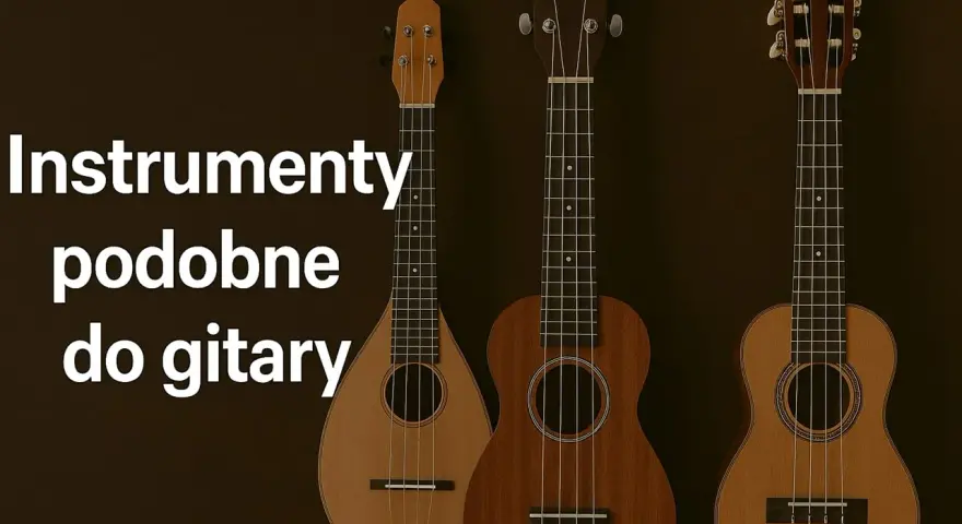 Trzy instrumenty strunowe, w tym mandolina i dwa ukulele, prezentują różnorodność instrumentów podobnych do gitary.