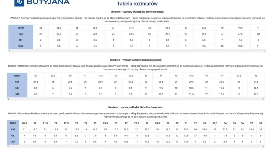 Tabela rozmiarów Skechers. Rozmiar 38 w EUR to 24 cm, 8 UK lub 8.5 USA.