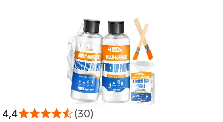 Dos botellas de barniz de retoque multi-superficie, dos pinceles y un recipiente. Ideal para reparaciones rápidas.