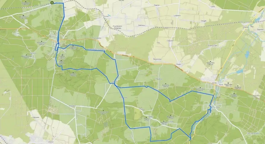 Trasa rowerowa Olsztyn: mapa z zaznaczonymi ścieżkami przez lasy i wsie.