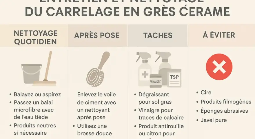 Guide d'entretien du carrelage : nettoyage quotidien, après pose, gestion des taches et produits à éviter pour prévenir toute rayure sur le carrelage.