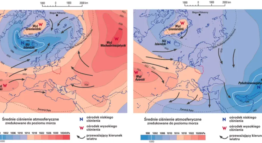 Na mapach widać, gdzie jest wyższe ciśnienie w górach czy nad morze. Lewa mapa pokazuje wyż azorski i niż islandzki, prawa wyż wschodniopółnocnoatlantycki.
