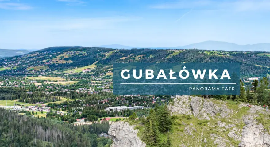 Widok na Gubałówkę z panoramą Tatr. Widać zabudowania, lasy i góry w oddali.
