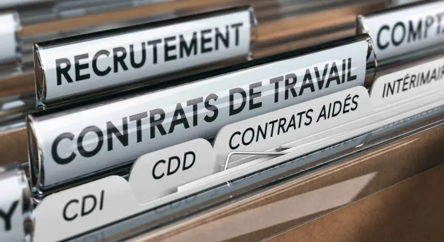 Dossiers de classement : Recrutement, Contrats de travail (CDI, CDD, Contrats aidés), Intérim. Un aperçu des documents essentiels du droit du travail.