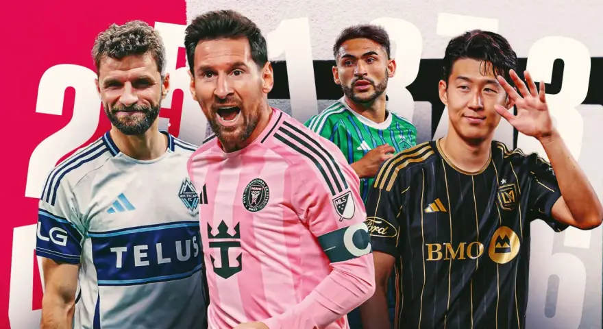 Cuatro jugadores de la MLS: Thomas Müller, Lionel Messi, un jugador de Austin FC y Son Heung-min, listos para la acción.
