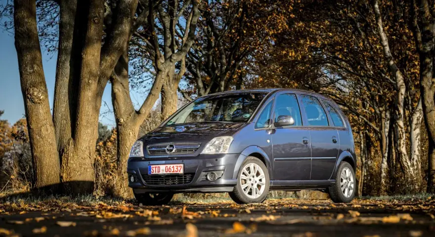 Ein dunkelgrauer Opel Meriva 2009 steht auf einem herbstlich gefärbten Weg, umgeben von Bäumen mit gelben Blättern.