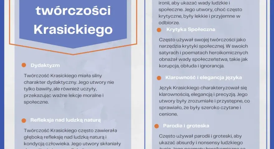 Cechy twórczości Krasickiego: humor, ironia, krytyka społeczna, dydaktyzm, refleksja nad naturą ludzką, klarowność języka, parodia i groteska.