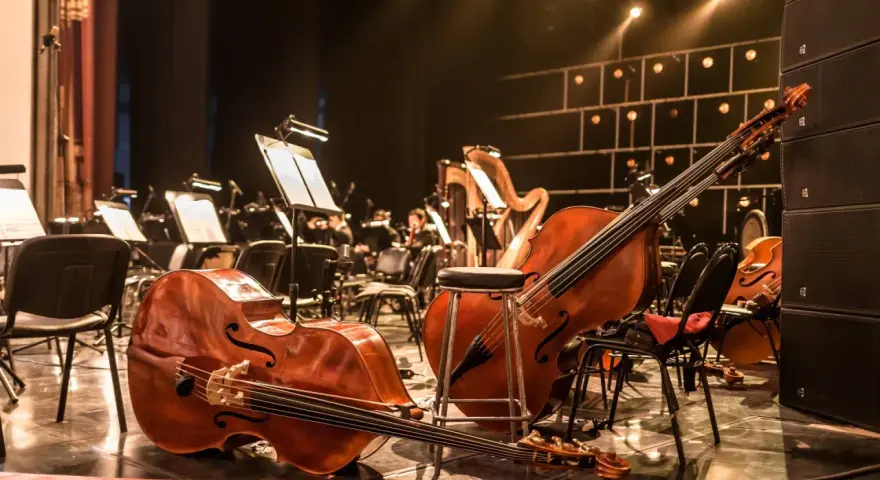 Kontrabasy i harfy na scenie, gotowe do wykonania najlepszej muzyki filmowej wszech czasów.