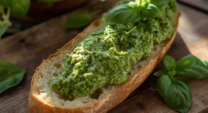 Fetta di pane croccante con abbondante pesto di zucchine e basilico fresco, su tagliere di legno.