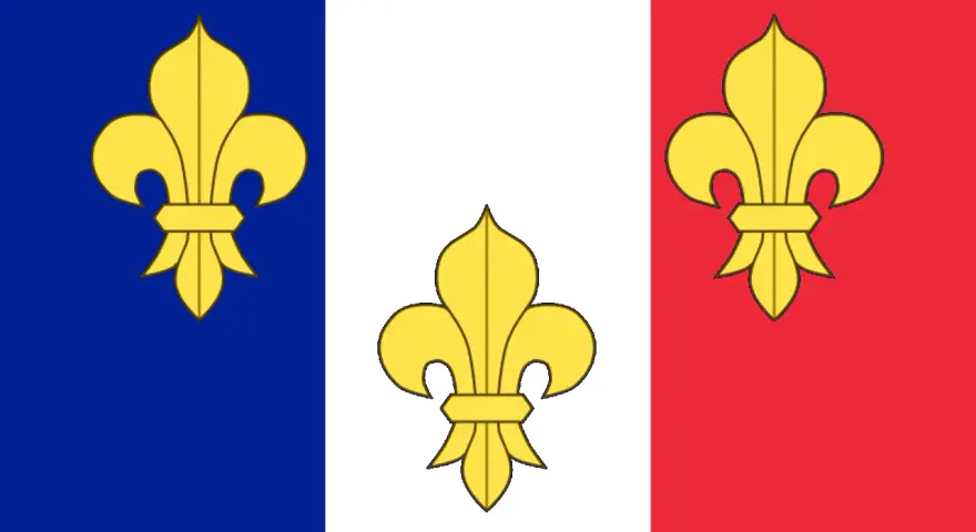 Bandera del reino de Francia con tres flores de lis doradas sobre franjas verticales azul, blanca y roja.