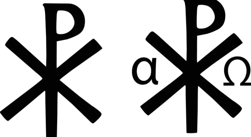 Zwei schwarze Symbole auf weißem Grund. Links ein Chi-Rho-Symbol, rechts ein Chi-Rho mit Alpha und Omega. Die Chi Rho bedeutung ist tiefgründig.
