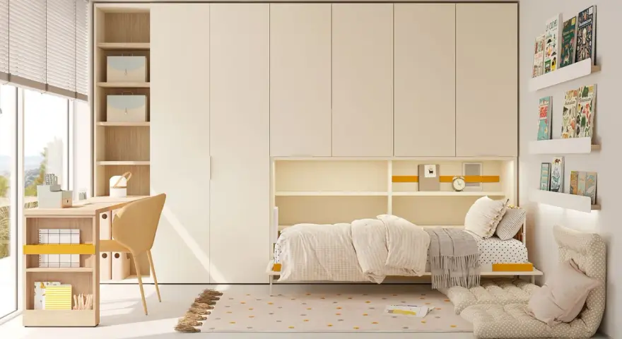Acogedora habitación juvenil con cama, escritorio y amplios armarios. Un espacio ideal para estudiar y descansar.
