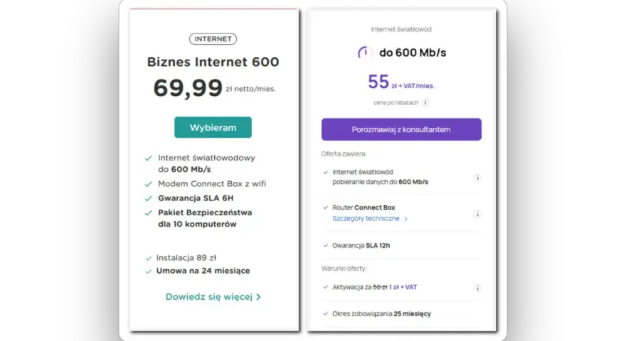 Dwa pakiety internetowe Play: jeden z ceną 69,99 zł, drugi z rabatem za 55 zł.