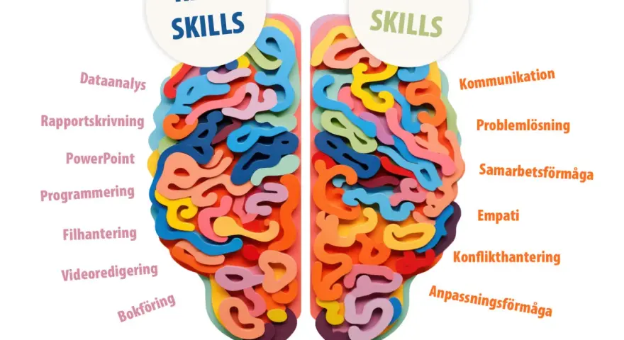 Bilden visar en hjärna uppdelad i "Hard Skills" och "Soft Skills". Den illustrerar vad som menas med skills, med exempel som programmering och kommunikation.
