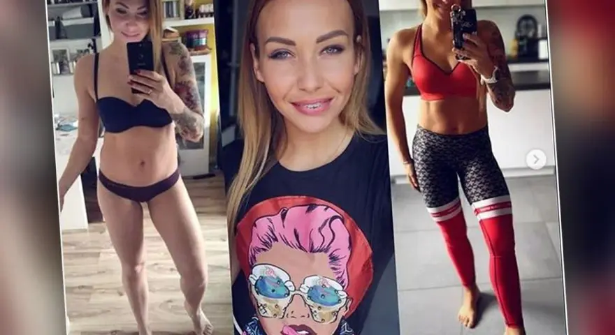 Kobieta pokazuje swoje przemiany. Widzimy ją w bieliźnie, w koszulce z grafiką i w stroju sportowym. To dowód na skuteczną dietę keto.