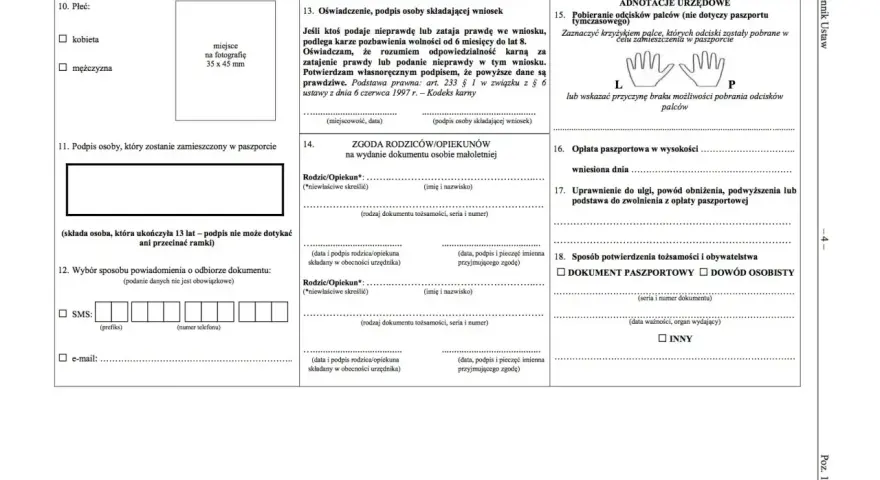 Formularz wniosku o paszport zawiera sekcje dotyczące danych osobowych, zgody rodziców, opłat i sposobu potwierdzenia tożsamości.