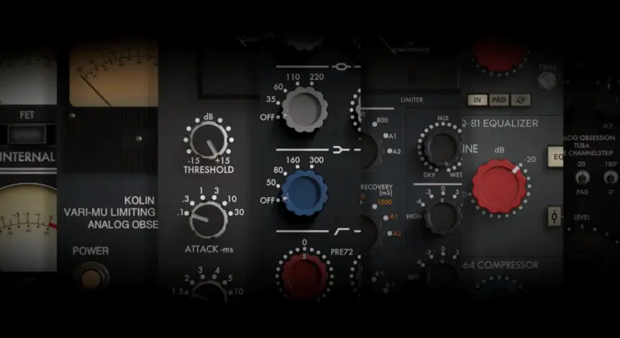 Panel kontrolny sprzętu audio z pokrętłami i wskaźnikami VU. Widać napisy "KOLIN VARI-MU LIMITING ANALOG OBSESSION".