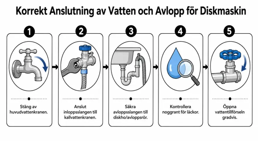 Steg-för-steg-guide för att installera diskmaskin: stäng av vatten, anslut slang, säkra avlopp, kontrollera läckor, öppna vatten.