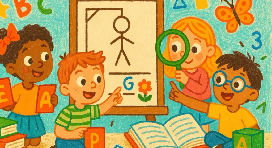 Niños aprenden con alegría. Un niño señala la letra "G" en un tablero, otro sostiene la "A", mientras una niña usa una lupa. ¡Una escena de iniciación a la lectura!