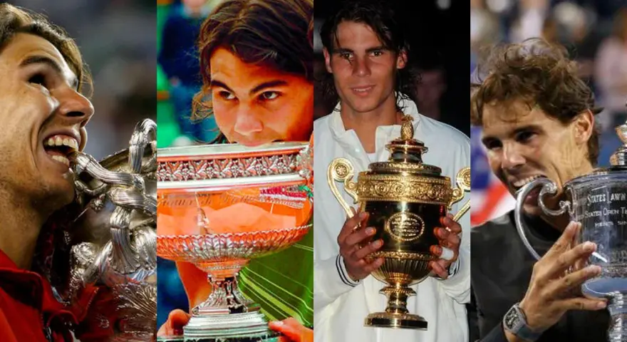 Rafael Nadal celebra sus grand slams, mostrando la gloria de sus victorias en el tenis.