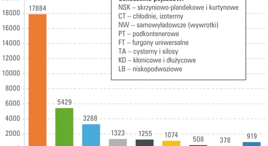 Wykres słupkowy pokazuje liczbę pojazdów według typu: NSK (17884), CT (5429), NW (3288) i inne. Kod CN dla tych pojazdów jest kluczowy.