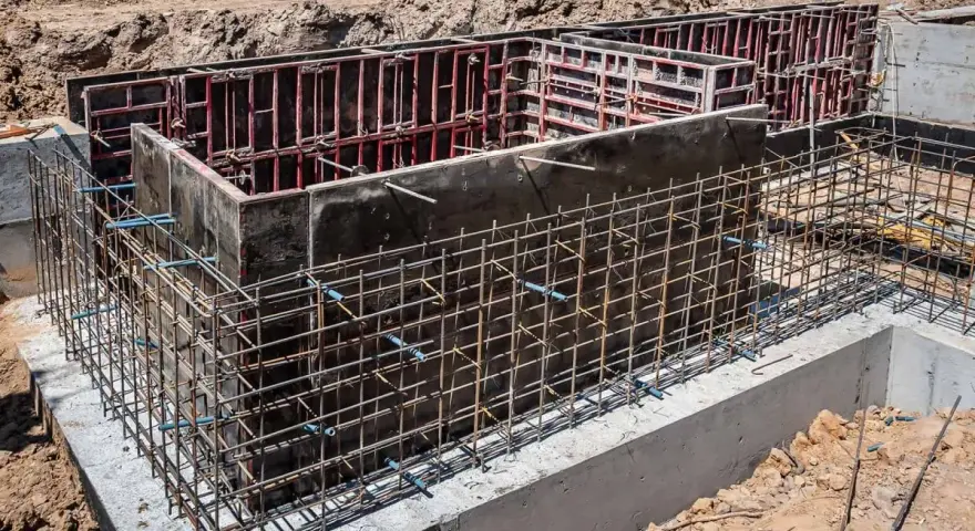 Siatka zbrojeniowa otacza betonowe szalunki, tworząc solidne zbrojenie ściany fundamentowej.