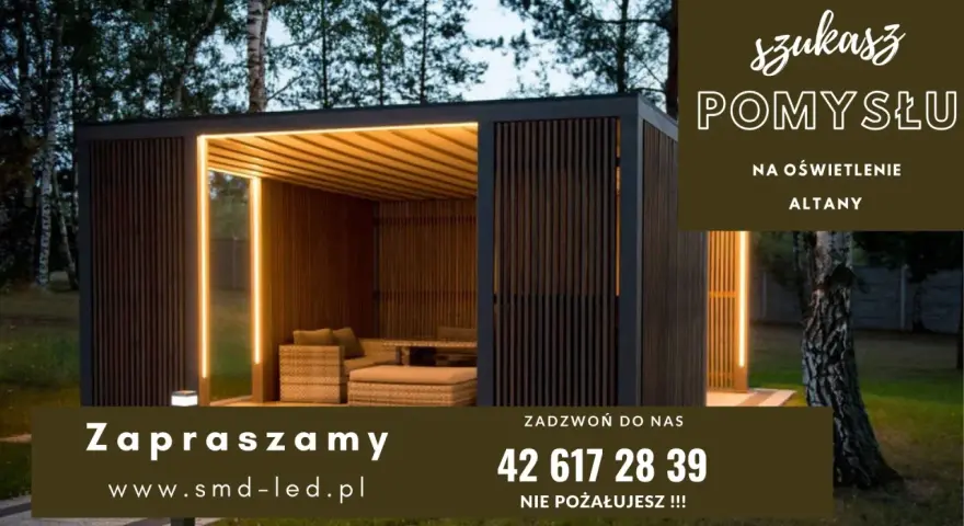 Nowoczesna altana z drewnianymi ścianami i oświetleniem LED. Szukasz pomysłu na oświetlenie altany? Zadzwoń!