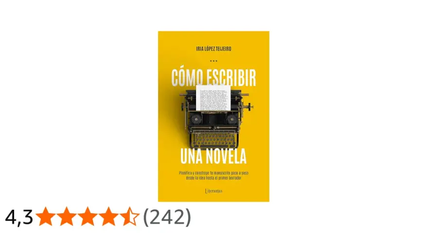 Portada del libro "Cómo escribir una novela" de Iria López Teijeiro, con una máquina de escribir antigua. Guía para los pasos para escribir una novela.