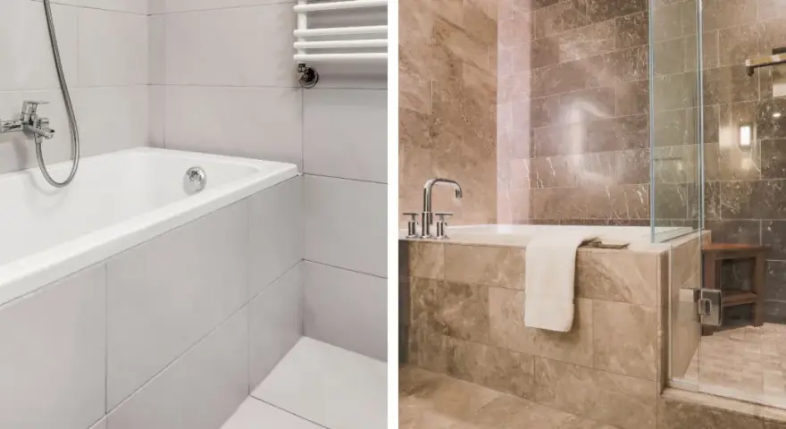 Salle de bain moderne avec baignoire et douche, habillage baignoire carrelage élégant.